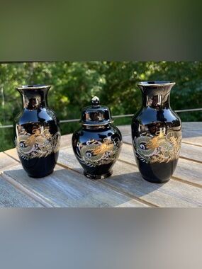 Vintage 3-Pc Black Gold Dragon Ceramic Vases & Ginger Jar⁠